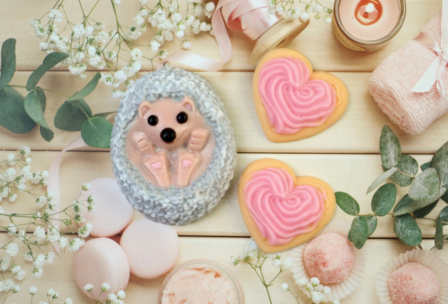 Handmade  gift soap Hedgehog and two heart shape cookies